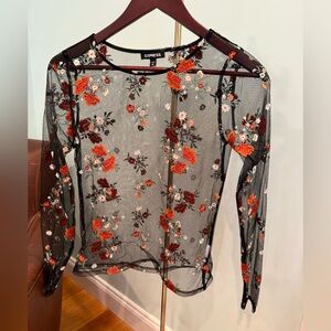Express Sheer Black Top with Floral Embroidery